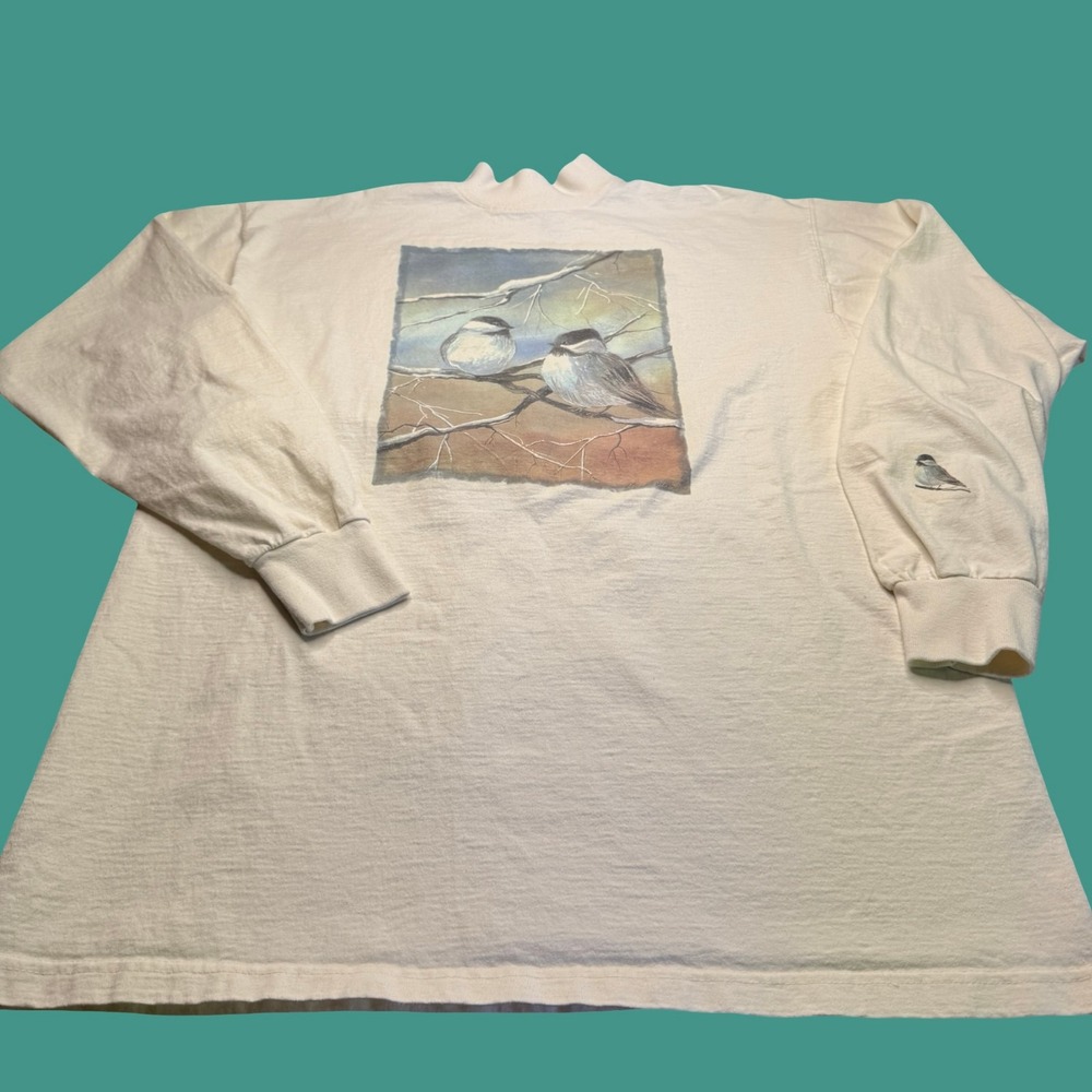 Vintage Chickadee Bird Graphic Long Sleeve T Shirt Ivory XL Nature Wildlife